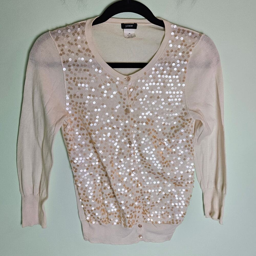 ❤️‍ VINTAGE J. Crew 2010 Y2K Cream Cotton Festive Sequin Cardigan XS